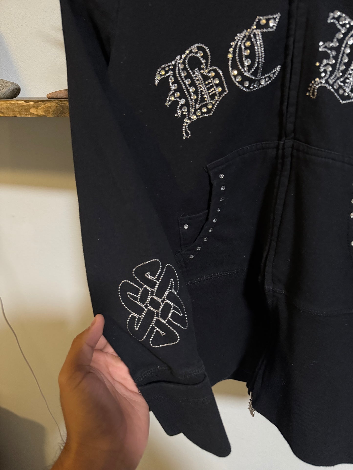 Black Y2K BCBG MAXAZRIA zip up hoodie rhinestone logo track