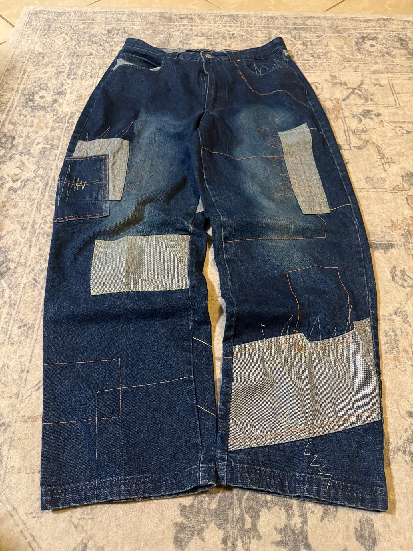 Y2K Vibes Gold Label Patchwork Baggy Jeans - 36x32