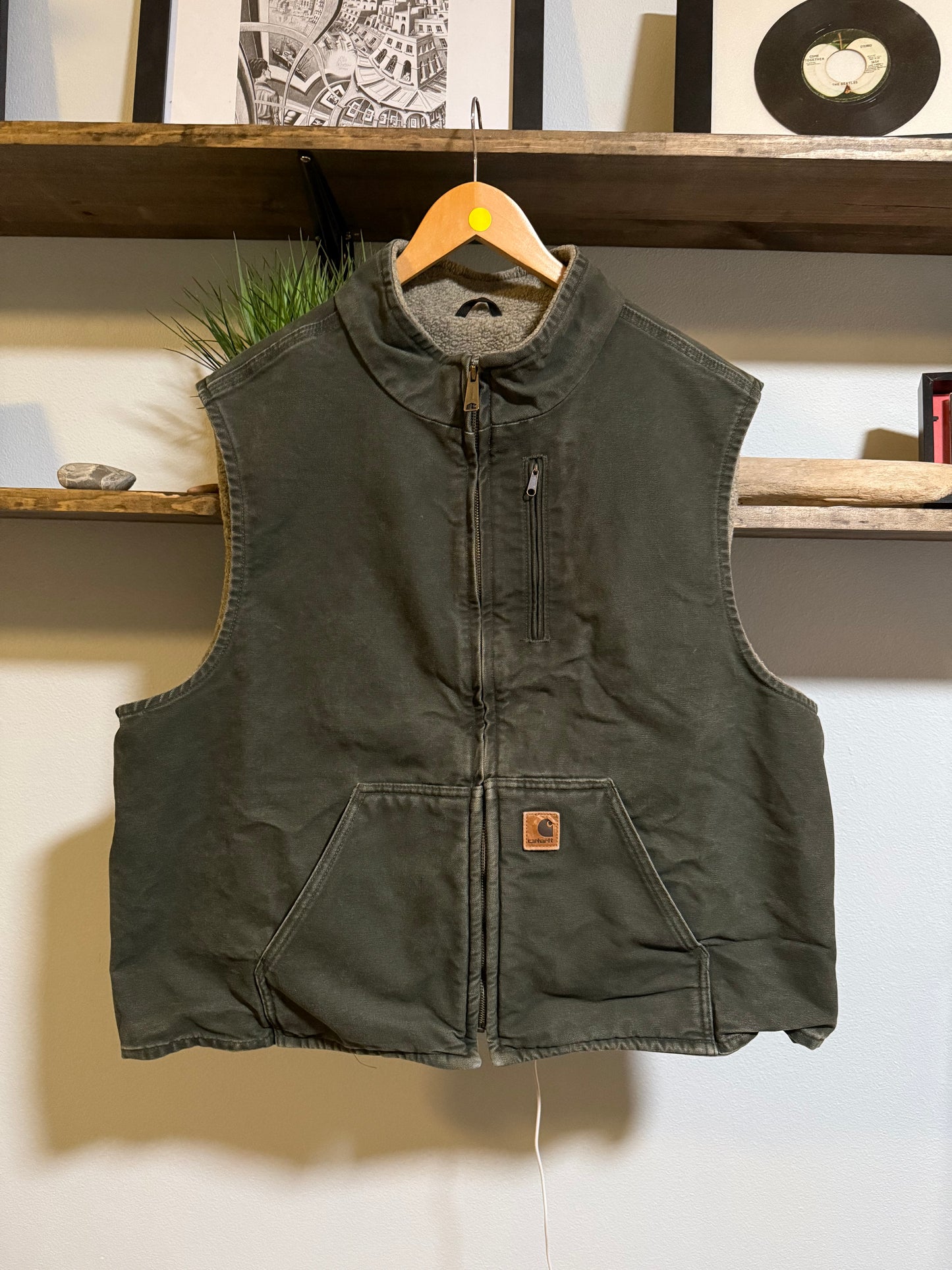 VTG Carhartt V33 MOS Vest Moss Green Sherpa Canvas - XXL